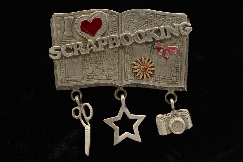 Spoontiques I Love Scrapbooking Pin Brooch Gunmetal Dangle Vintage 1980s BinAH